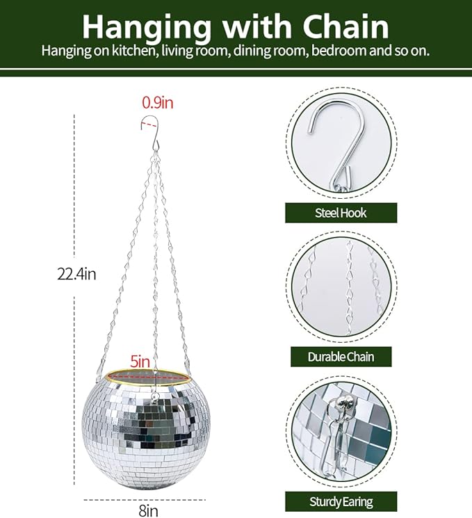 Disco Ball Planter – 8" Silver, Hanging Rope, Chain &amp; Hook Included