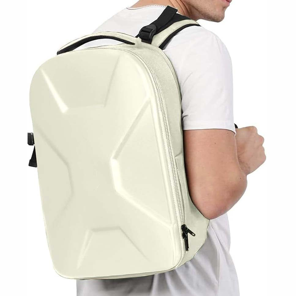 Camera backpack, waterproof hard shell for DSLR/mirrorless cameras, with tripod straps and compartments.
