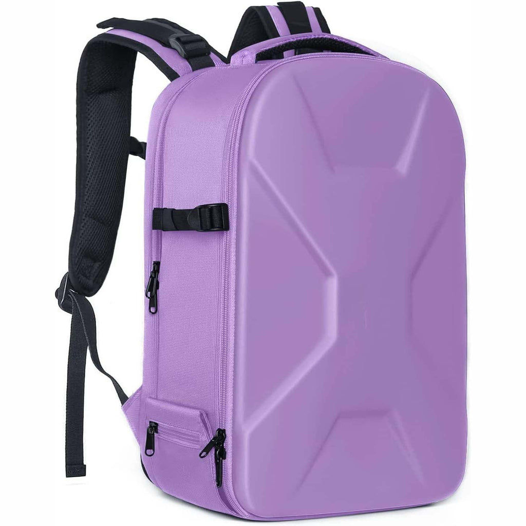 Camera backpack, waterproof hard shell for DSLR/mirrorless cameras, with tripod straps and compartments.