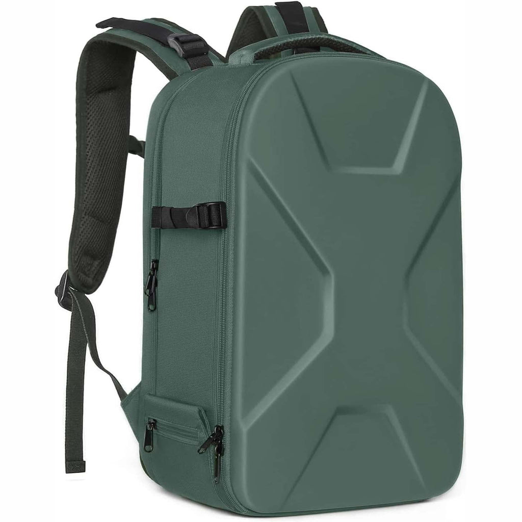 Camera backpack, waterproof hard shell for DSLR/mirrorless cameras, with tripod straps and compartments.
