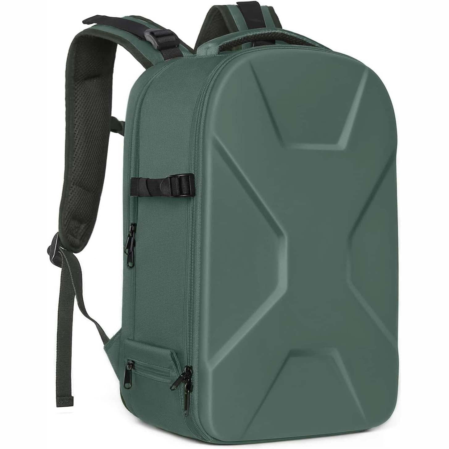Camera backpack, waterproof hard shell for DSLR/mirrorless cameras, with tripod straps and compartments.