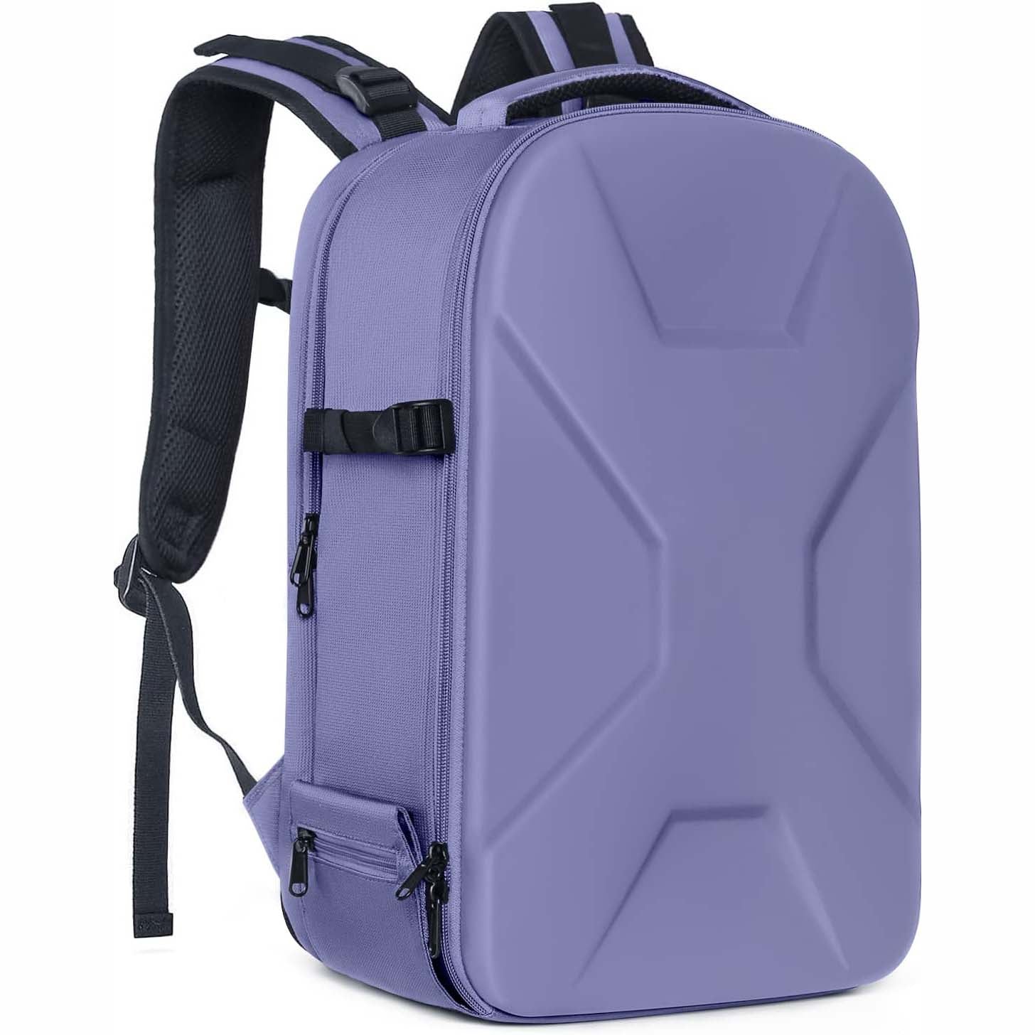 Camera backpack, waterproof hard shell for DSLR/mirrorless cameras, with tripod straps and compartments.