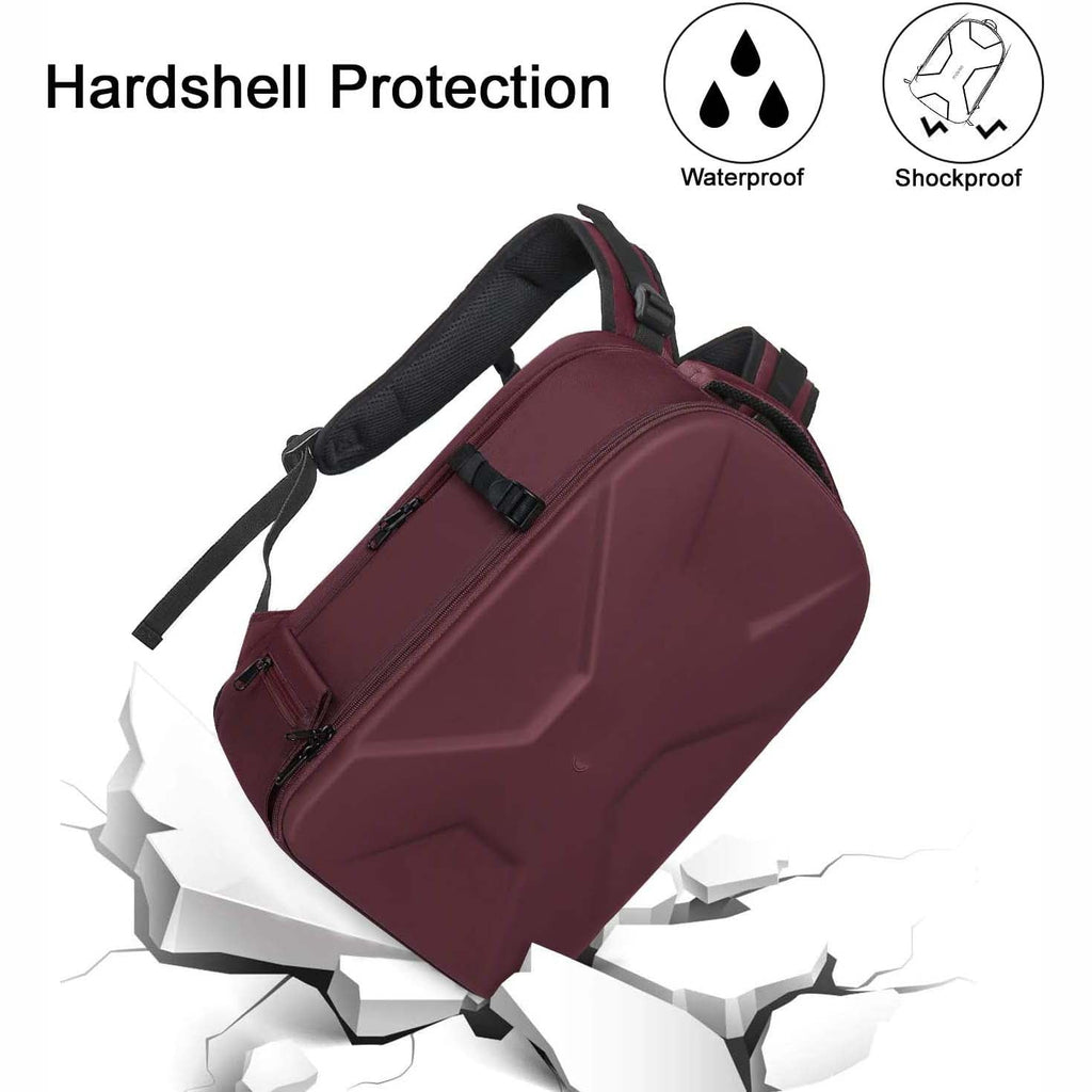 Camera backpack, waterproof hard shell for DSLR/mirrorless cameras, with tripod straps and compartments.