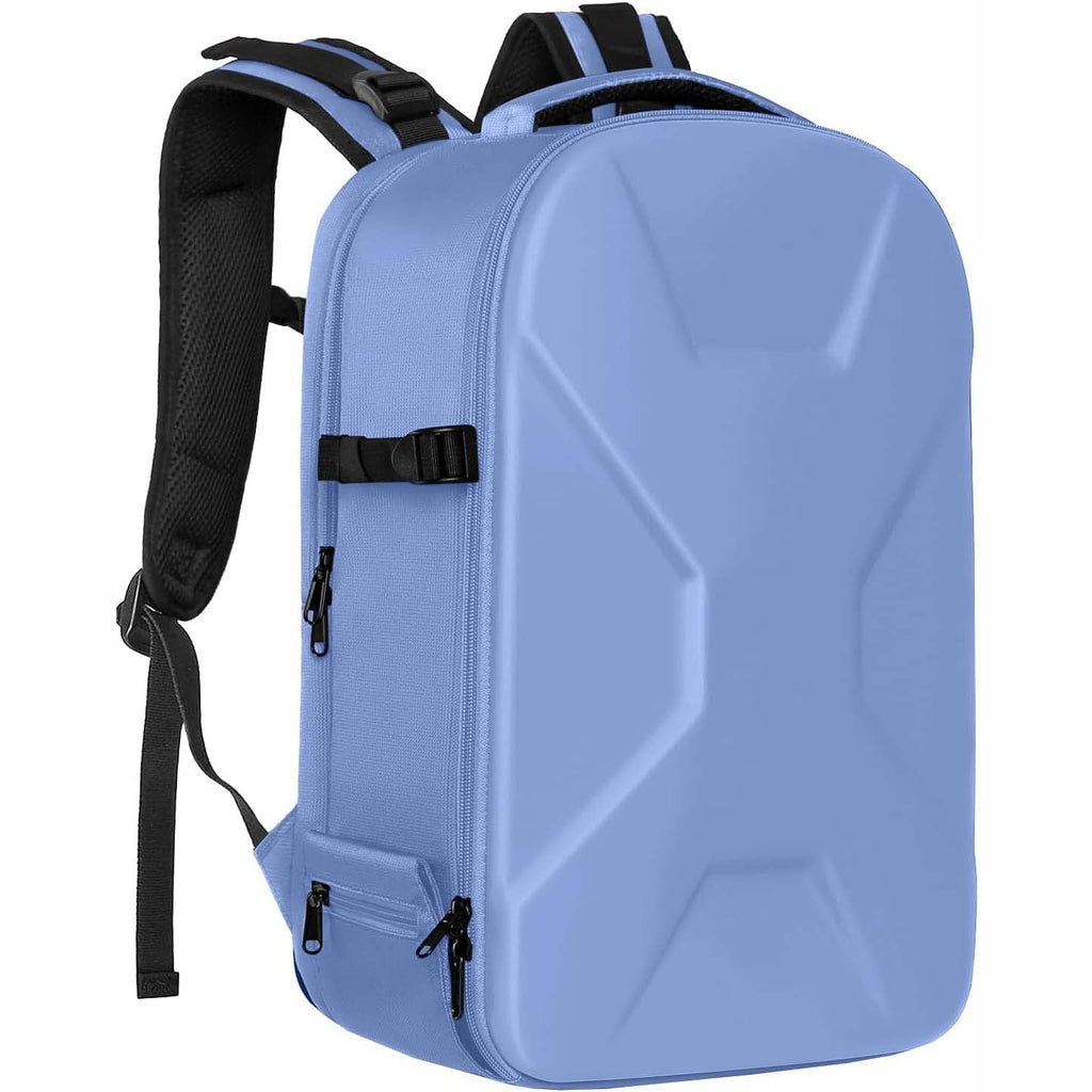 Camera backpack, waterproof hard shell for DSLR/mirrorless cameras, with tripod straps and compartments.