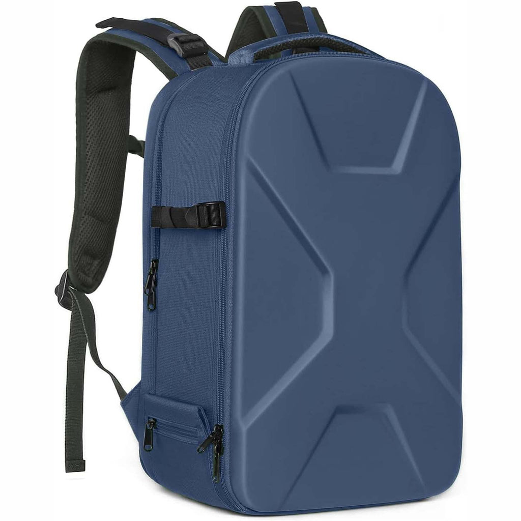 Camera backpack, waterproof hard shell for DSLR/mirrorless cameras, with tripod straps and compartments.
