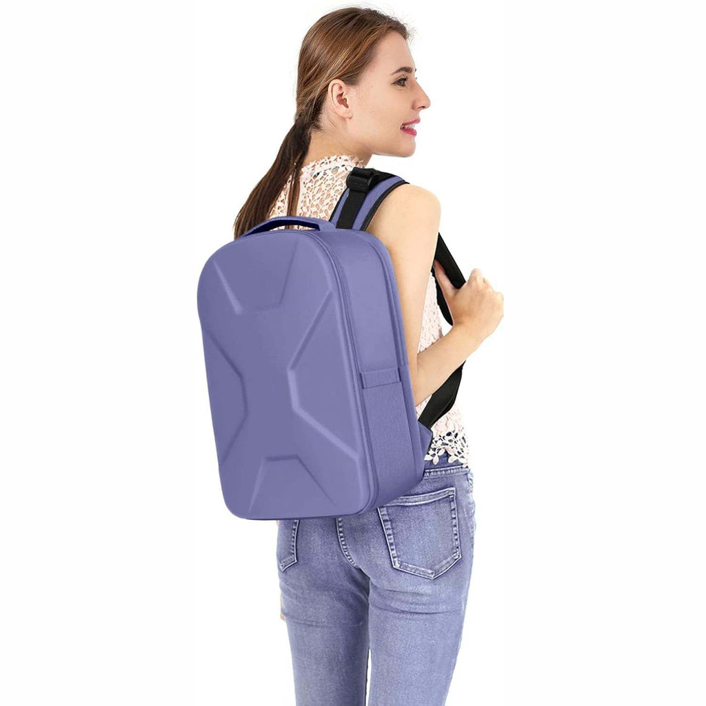 Camera backpack, waterproof hard shell for DSLR/mirrorless cameras, with tripod straps and compartments.