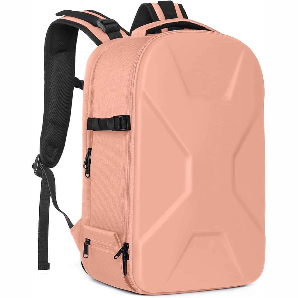 Camera backpack, waterproof hard shell for DSLR/mirrorless cameras, with tripod straps and compartments.