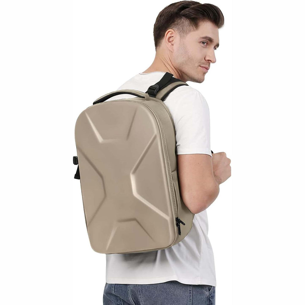 Camera backpack, waterproof hard shell for DSLR/mirrorless cameras, with tripod straps and compartments.