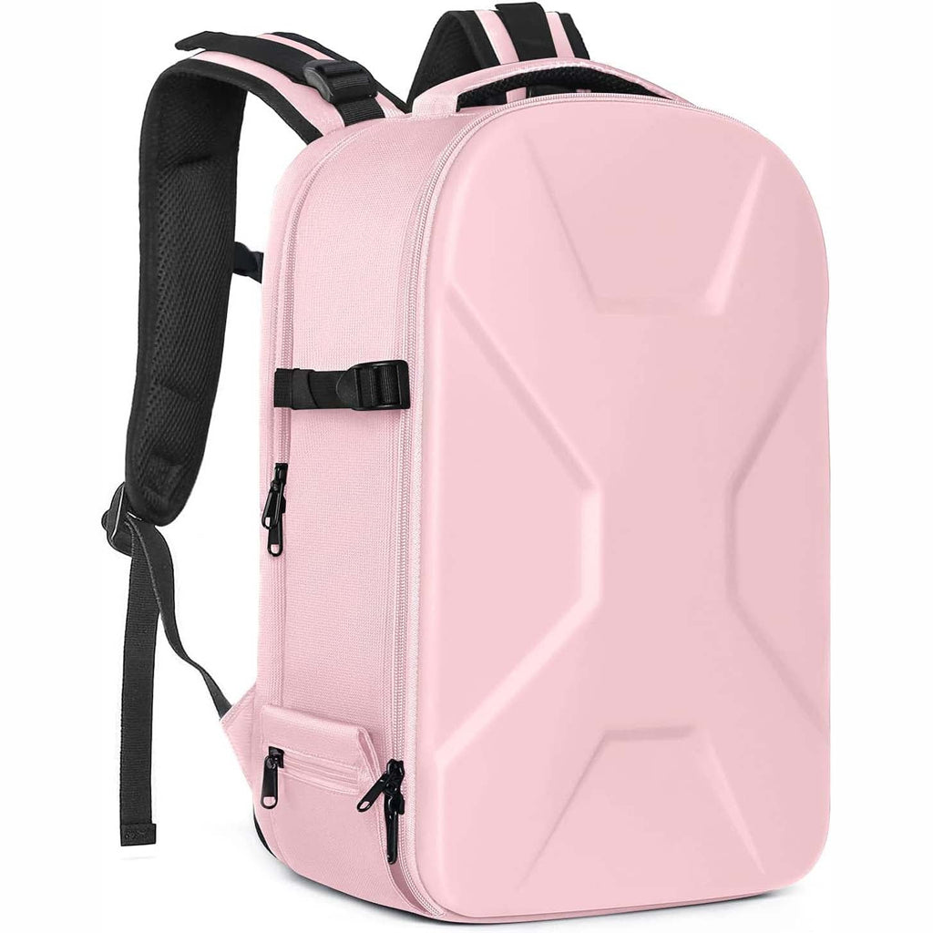 Camera backpack, waterproof hard shell for DSLR/mirrorless cameras, with tripod straps and compartments.