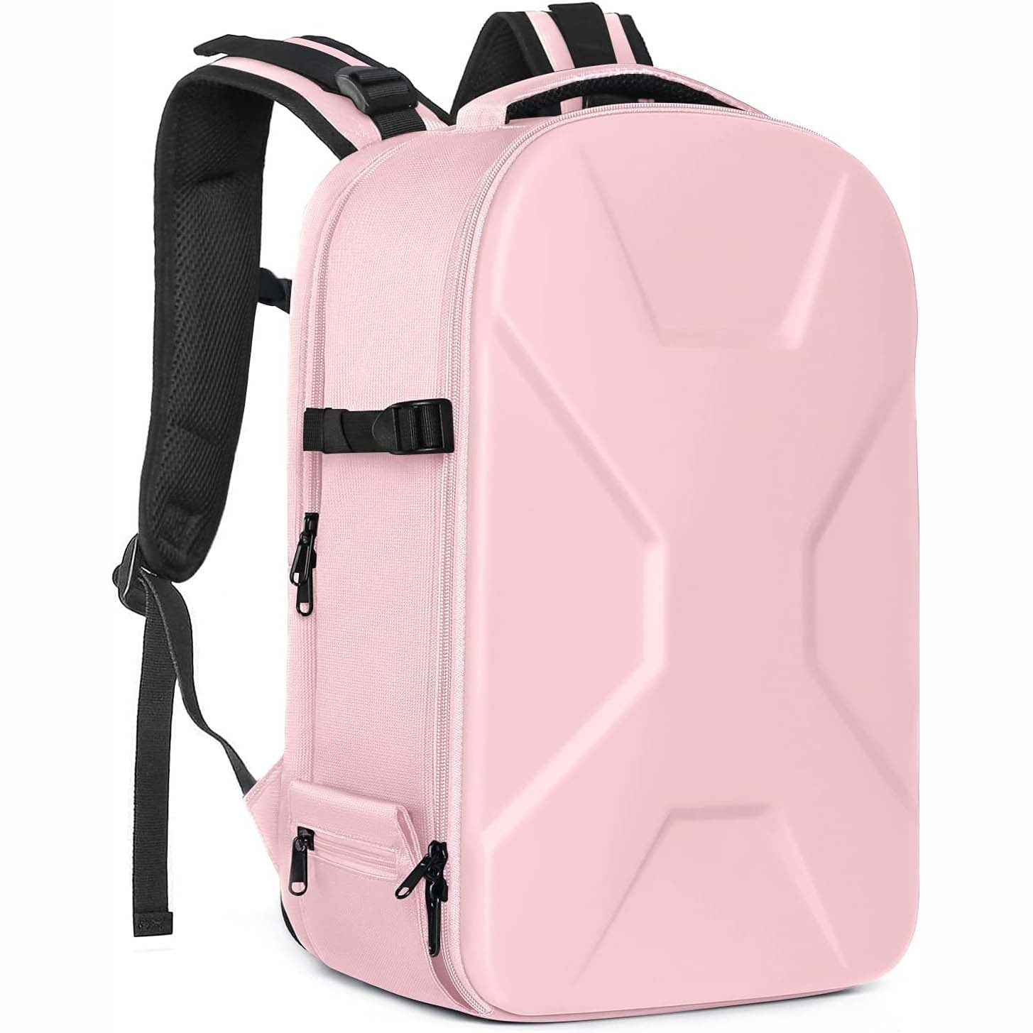 Camera backpack, waterproof hard shell for DSLR/mirrorless cameras, with tripod straps and compartments.