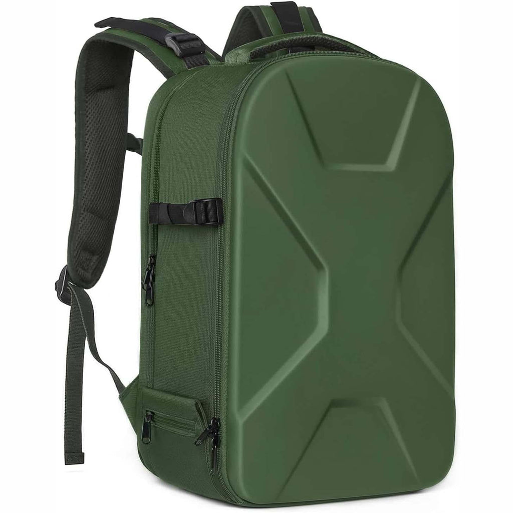 Camera backpack, waterproof hard shell for DSLR/mirrorless cameras, with tripod straps and compartments.