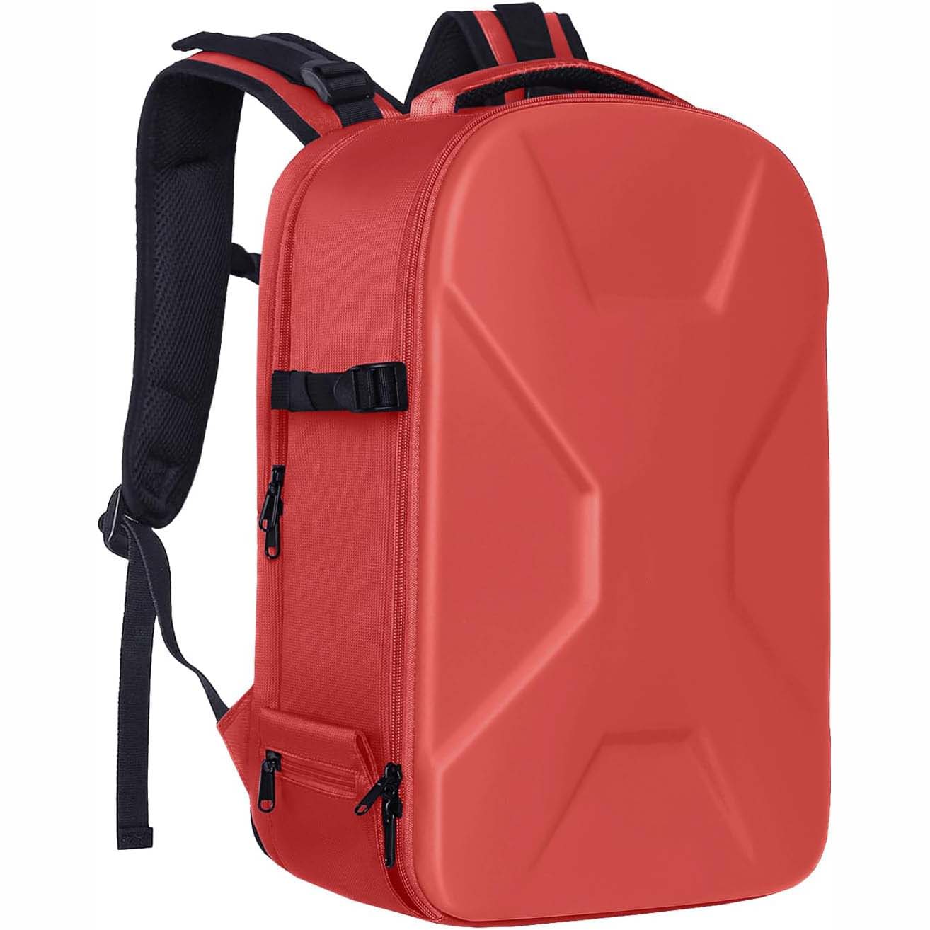 Camera backpack, waterproof hard shell for DSLR/mirrorless cameras, with tripod straps and compartments.