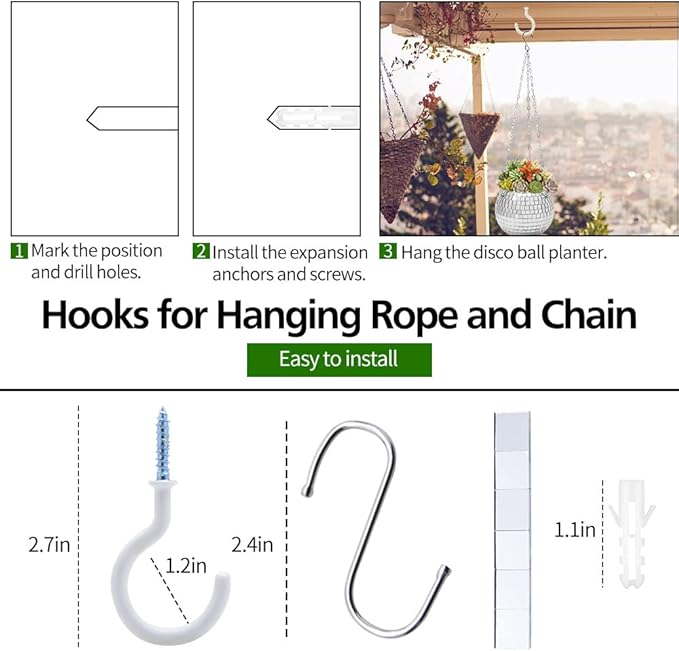 Disco Ball Planter – 8" Silver, Hanging Rope, Chain &amp; Hook Included
