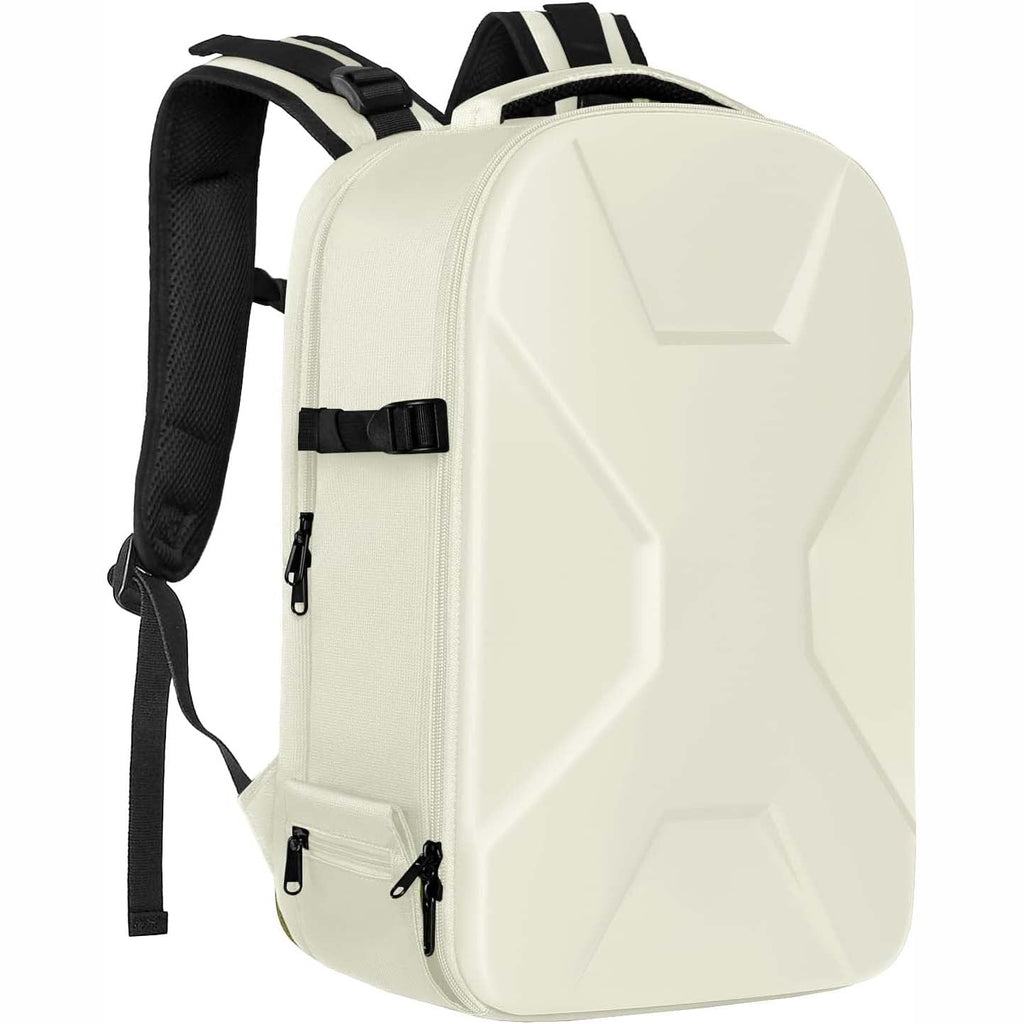 Camera backpack, waterproof hard shell for DSLR/mirrorless cameras, with tripod straps and compartments.