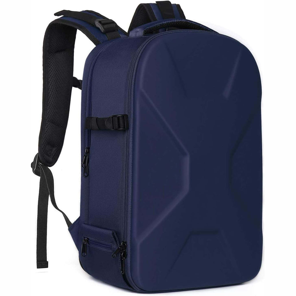 Camera backpack, waterproof hard shell for DSLR/mirrorless cameras, with tripod straps and compartments.