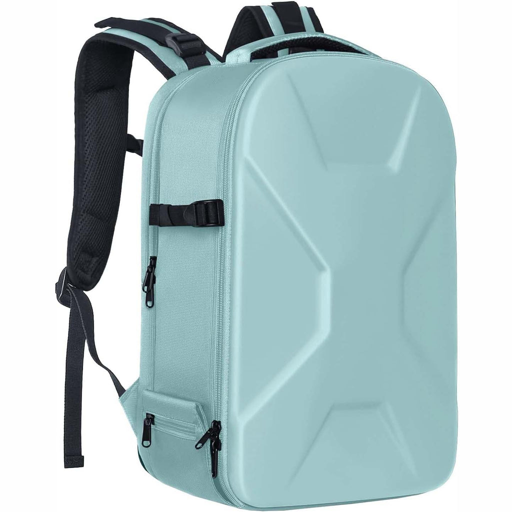 Camera backpack, waterproof hard shell for DSLR/mirrorless cameras, with tripod straps and compartments.
