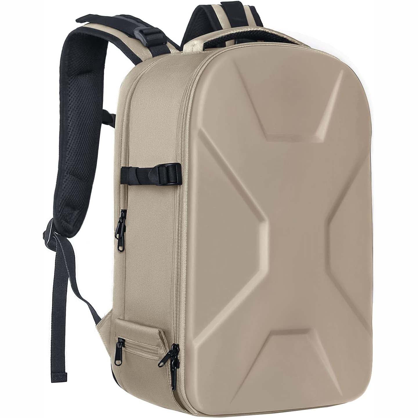 Camera backpack, waterproof hard shell for DSLR/mirrorless cameras, with tripod straps and compartments.