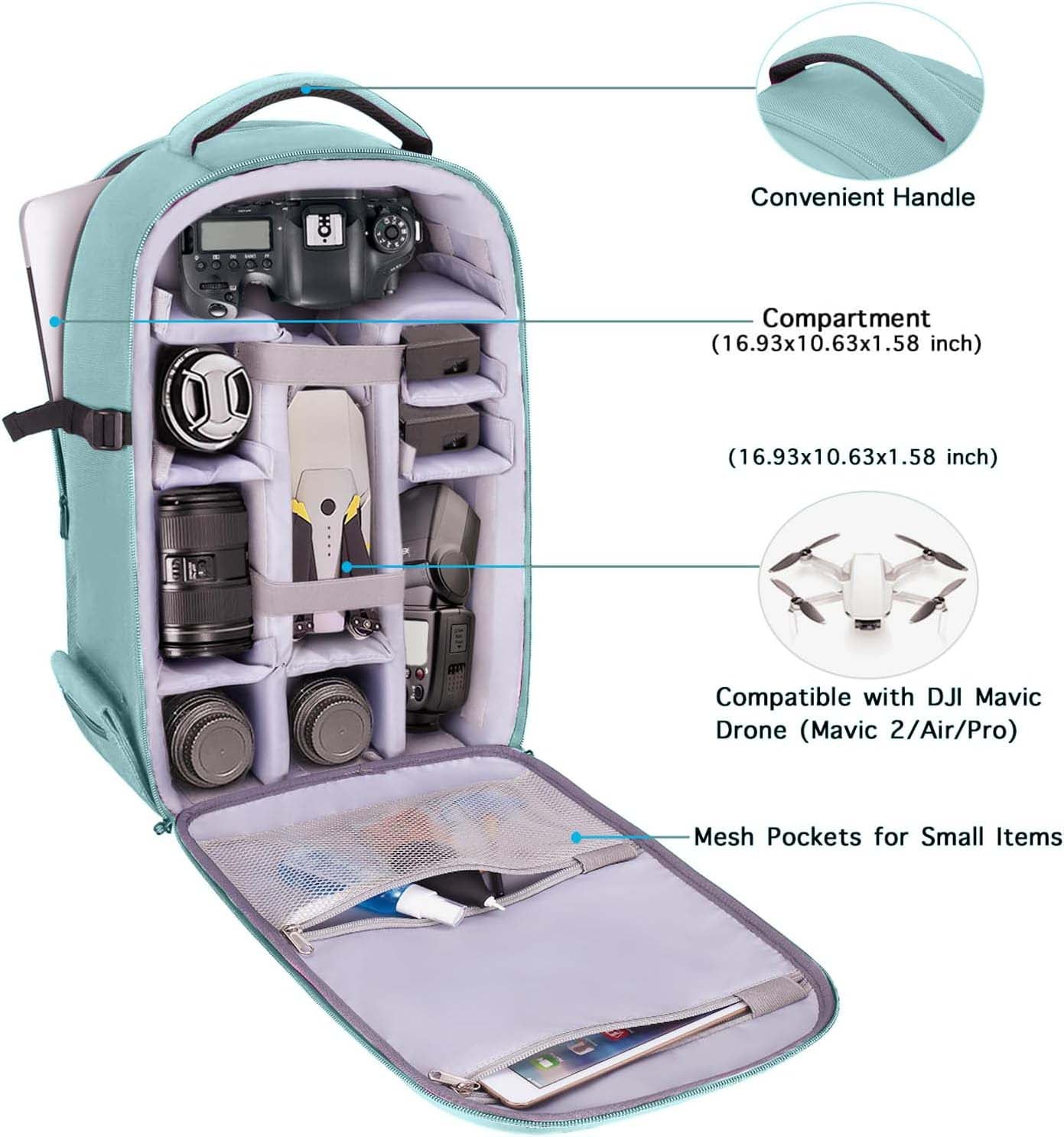 Camera backpack, waterproof hard shell for DSLR/mirrorless cameras, with tripod straps and compartments.