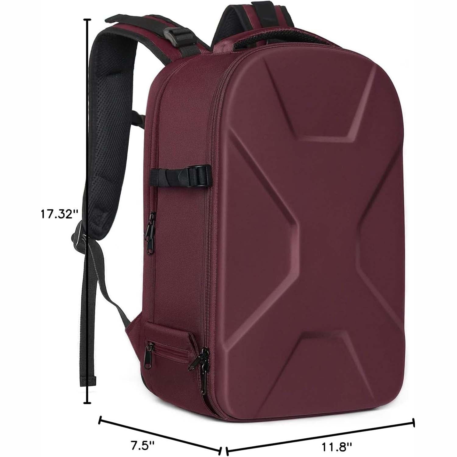 Camera backpack, waterproof hard shell for DSLR/mirrorless cameras, with tripod straps and compartments.