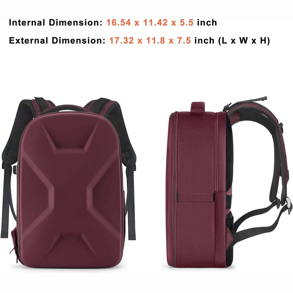 Camera backpack, waterproof hard shell for DSLR/mirrorless cameras, with tripod straps and compartments.