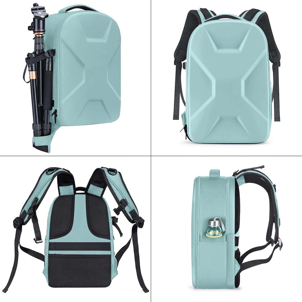 Camera backpack, waterproof hard shell for DSLR/mirrorless cameras, with tripod straps and compartments.