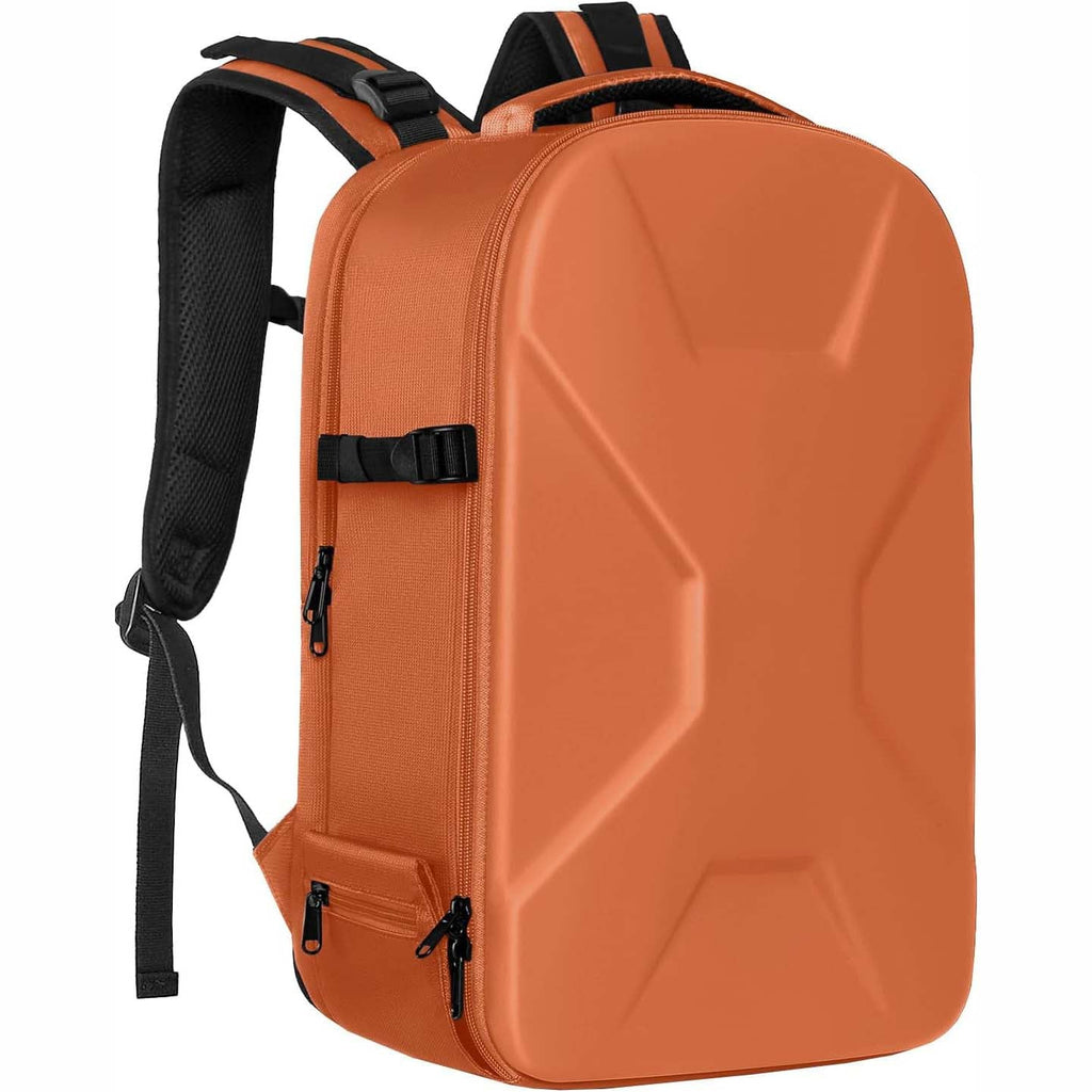 Camera backpack, waterproof hard shell for DSLR/mirrorless cameras, with tripod straps and compartments.