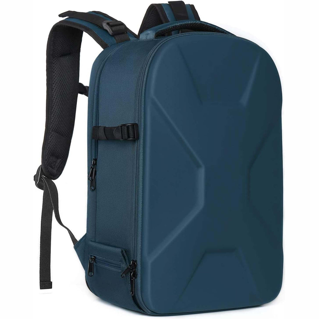 Camera backpack, waterproof hard shell for DSLR/mirrorless cameras, with tripod straps and compartments.