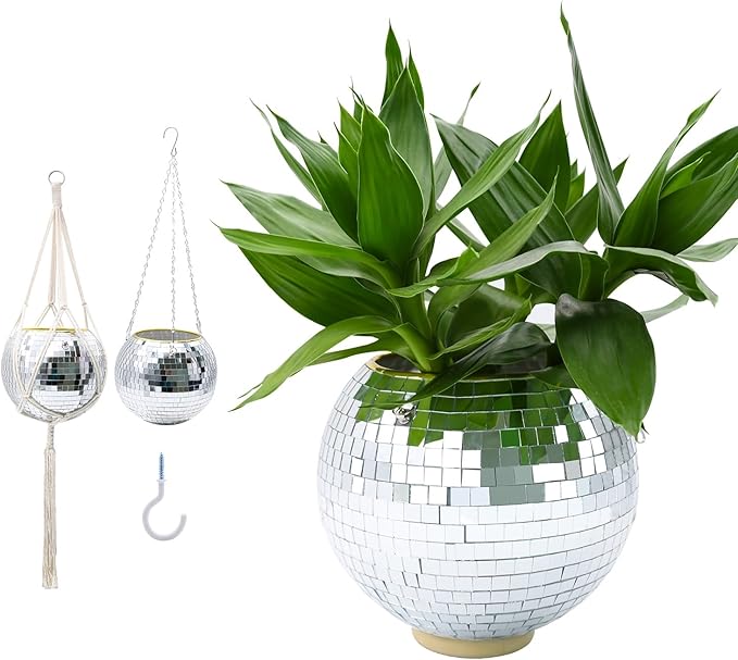 Disco Ball Planter – 8" Silver, Hanging Rope, Chain &amp; Hook Included