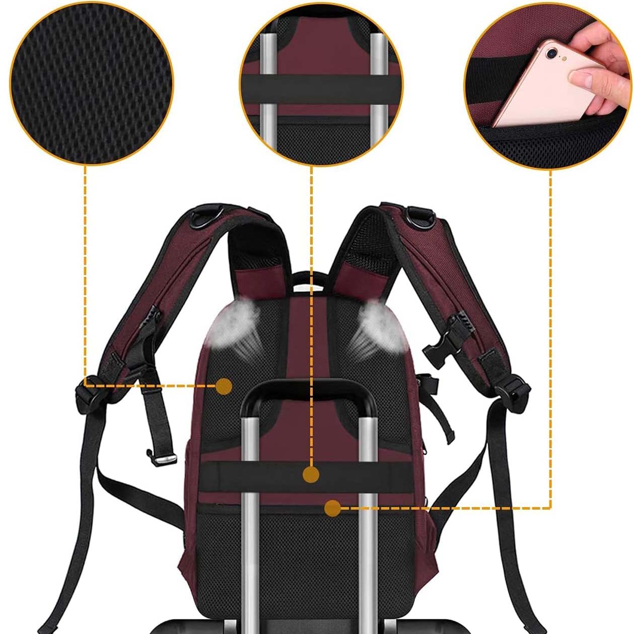 Camera backpack, waterproof hard shell for DSLR/mirrorless cameras, with tripod straps and compartments.