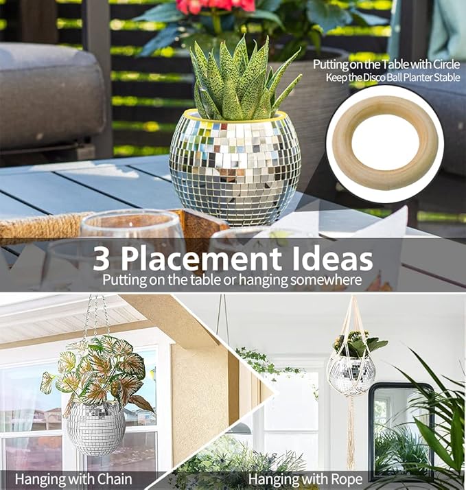 Disco Ball Planter – 8" Silver, Hanging Rope, Chain &amp; Hook Included