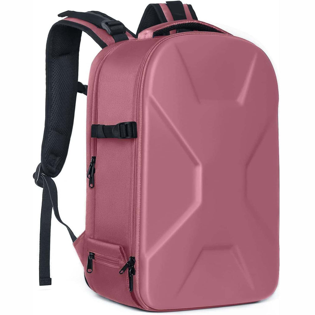 Camera backpack, waterproof hard shell for DSLR/mirrorless cameras, with tripod straps and compartments.