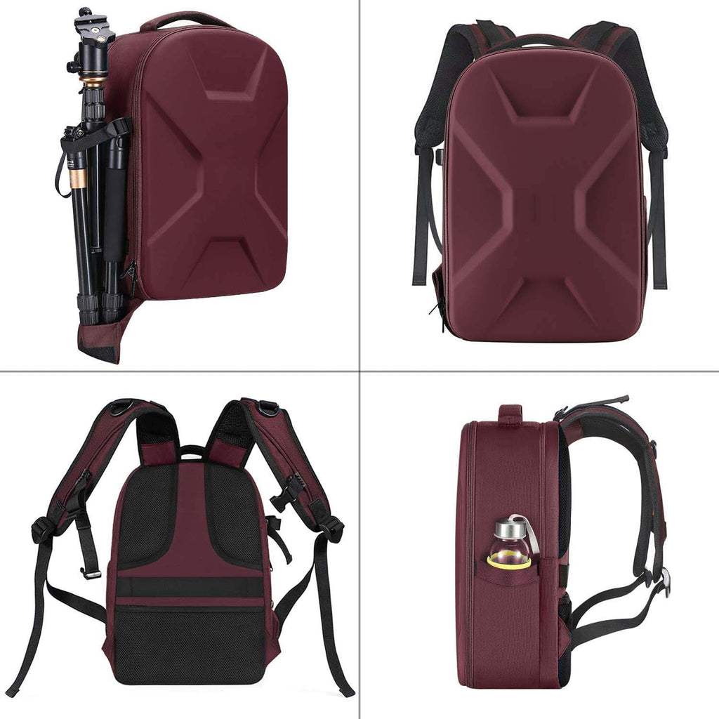Camera backpack, waterproof hard shell for DSLR/mirrorless cameras, with tripod straps and compartments.