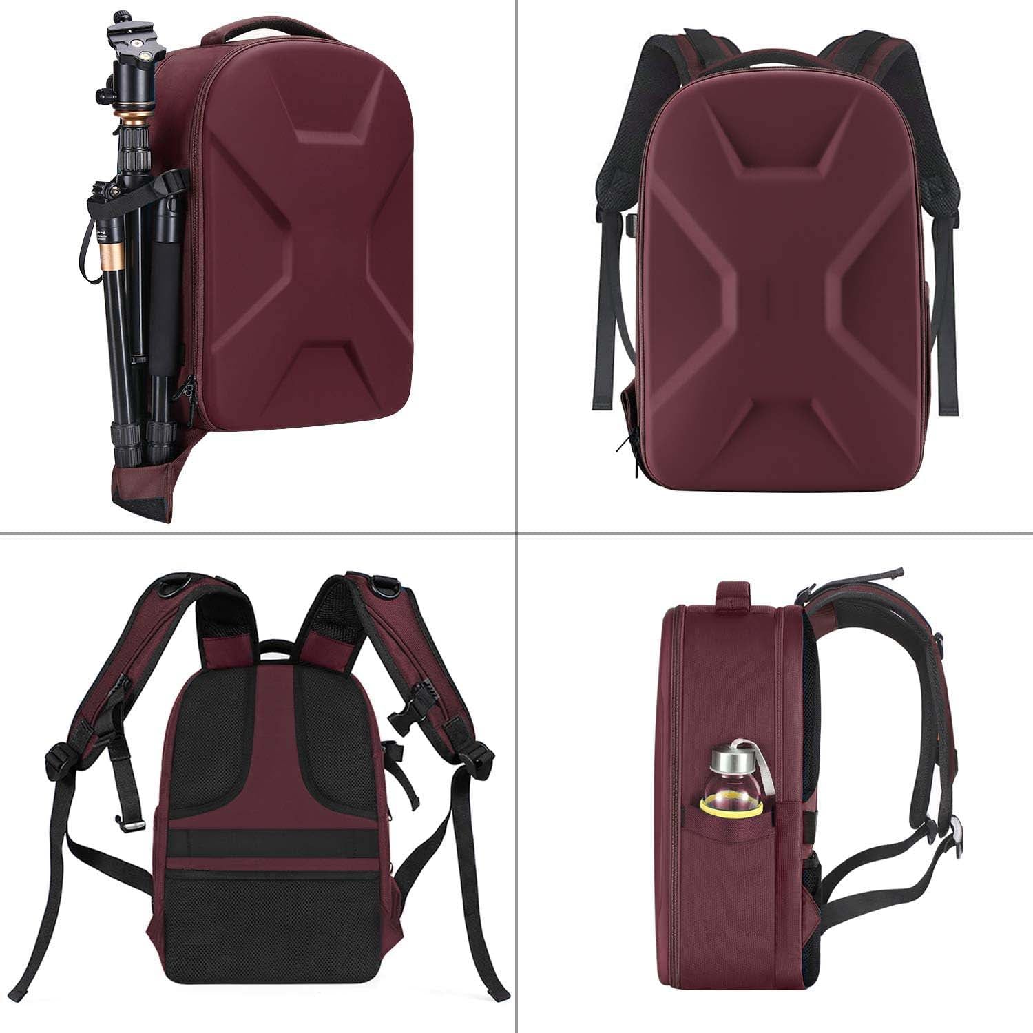 Camera backpack, waterproof hard shell for DSLR/mirrorless cameras, with tripod straps and compartments.