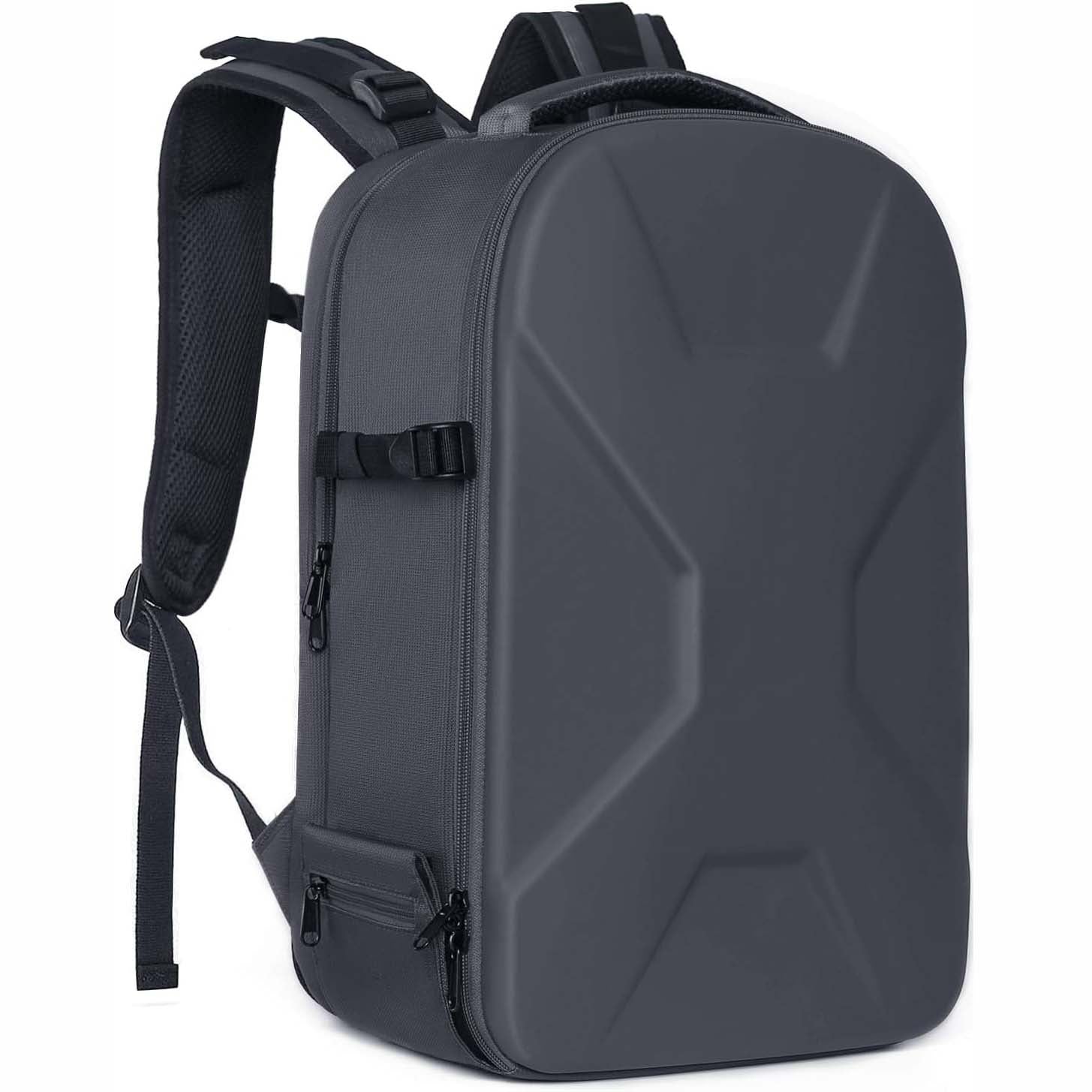 Camera backpack, waterproof hard shell for DSLR/mirrorless cameras, with tripod straps and compartments.