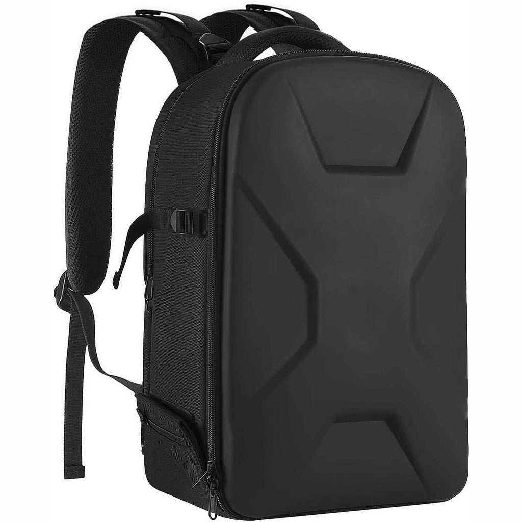 Camera backpack, waterproof hard shell for DSLR/mirrorless cameras, with tripod straps and compartments.