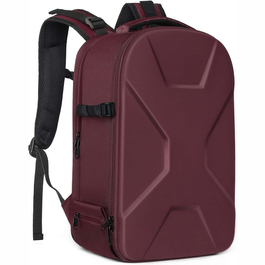 Camera backpack, waterproof hard shell for DSLR/mirrorless cameras, with tripod straps and compartments.