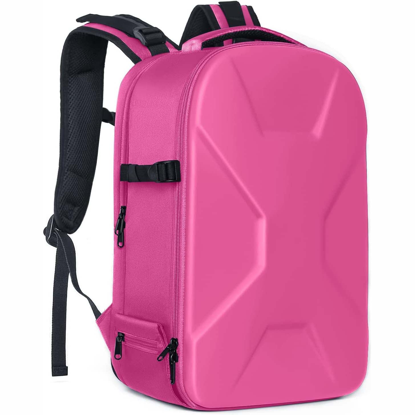 Camera backpack, waterproof hard shell for DSLR/mirrorless cameras, with tripod straps and compartments.