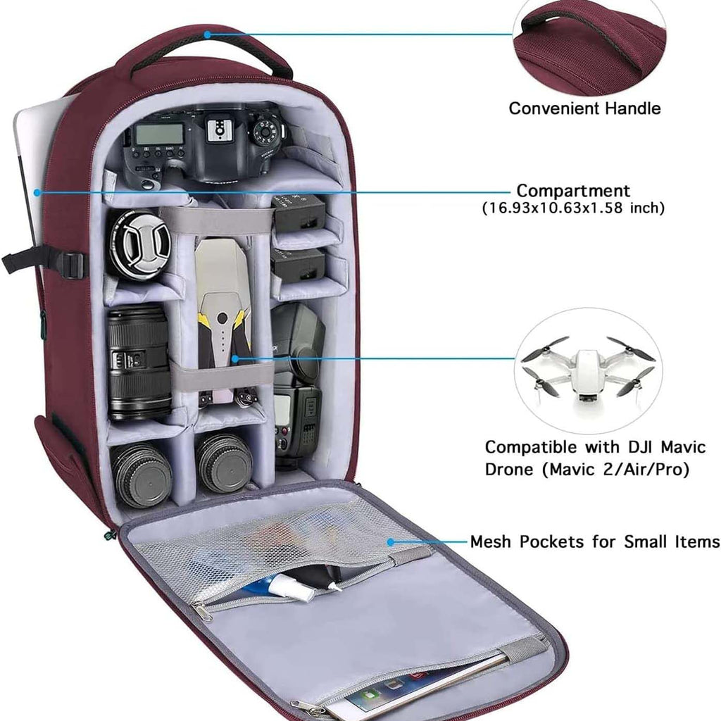 Camera backpack, waterproof hard shell for DSLR/mirrorless cameras, with tripod straps and compartments.