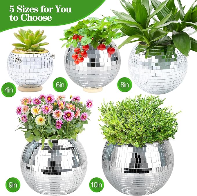 Disco Ball Planter – 8" Silver, Hanging Rope, Chain &amp; Hook Included