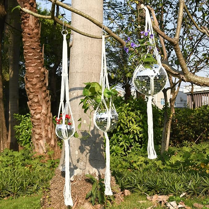 Disco Ball Planter – 8" Silver, Hanging Rope, Chain &amp; Hook Included